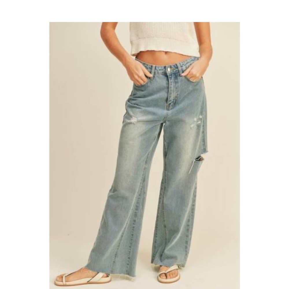 MIOU MUSE lux cut out wide leg jeans in light wash Size Small
